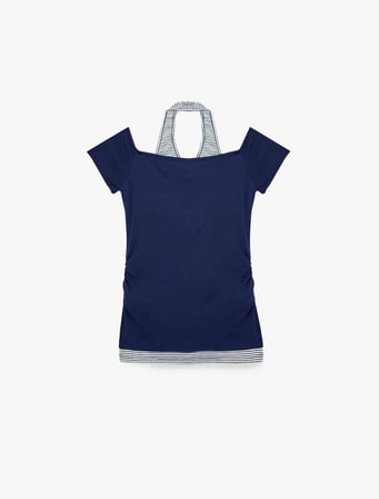 Slim Fit Atlet Detaylı Kısa Kollu Viskon Karışımlı Omzu Açık Tişört