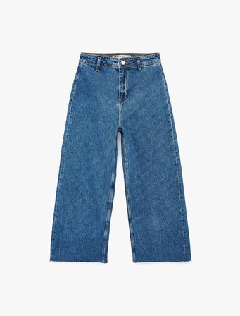 Düğmeli Yüksek Bel Rahat Kesim Denim Pantolon - Culotte Jeans