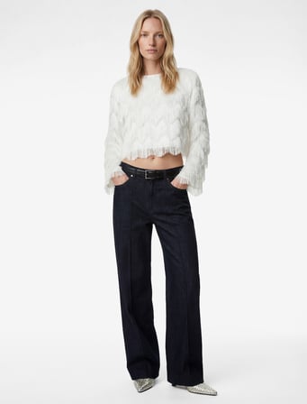 Normal Bel Cepli Düğmeli Nervürlü Geniş Paça Denim Pantolon - Wide Leg Jeans