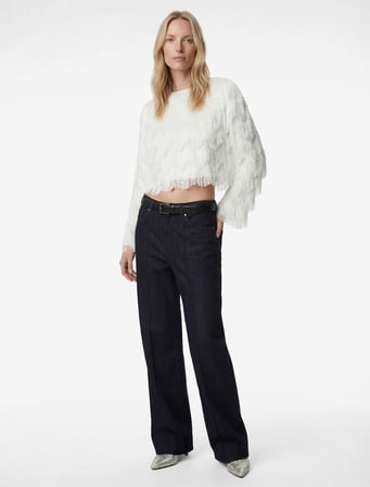 Normal Bel Cepli Düğmeli Nervürlü Geniş Paça Denim Pantolon - Wide Leg Jeans