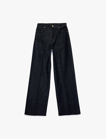 Normal Bel Cepli Düğmeli Nervürlü Geniş Paça Denim Pantolon - Wide Leg Jeans