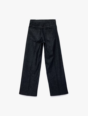 Normal Bel Cepli Düğmeli Nervürlü Geniş Paça Denim Pantolon - Wide Leg Jeans