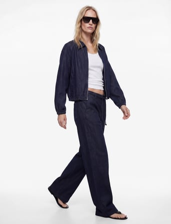 Relax Fit Yüksek Bel Bağcıklı Geniş Paça Denim Pantolon -  Wide Leg Jeans