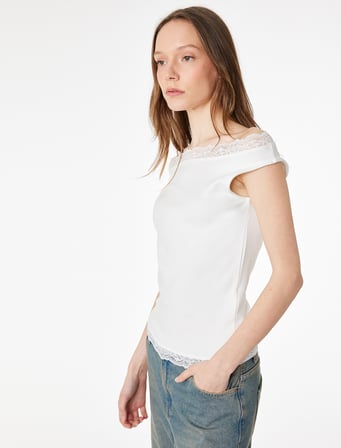 Slim Fit Dantel Detaylı Kolsuz Kayık Yaka Bluz