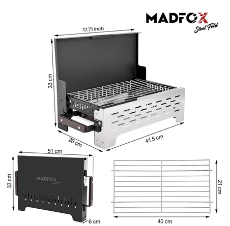 Madfox SteelFold Paslanmaz Çelik Katlanabilir Kömürlü Mangal Gümüş 40x21 cm