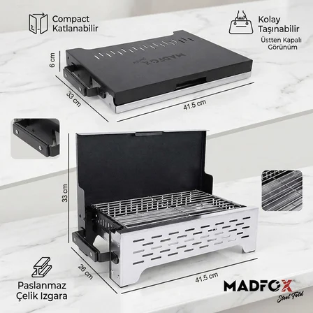 Madfox SteelFold Paslanmaz Çelik Katlanabilir Kömürlü Mangal Gümüş 40x21 cm