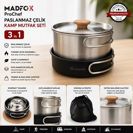 Madfox ProChef 3IN1 Paslanmaz Çelik Kamp Mutfak Seti