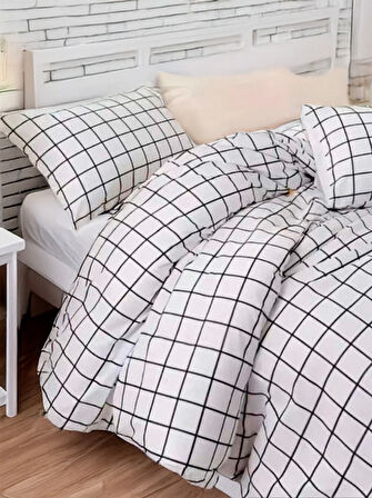 Kolay Ütülenir Nevresim Takımı Çift Kişilik Pled Kareli Siyah