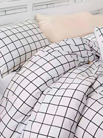 Kolay Ütülenir Nevresim Takımı Çift Kişilik Pled Kareli Siyah