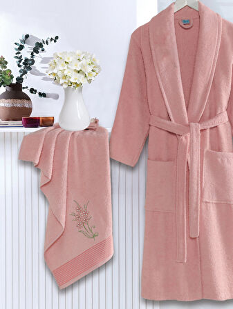 Bornoz - Nakışlı Havlu Seti Cora Pudra L/XL+45x85cm