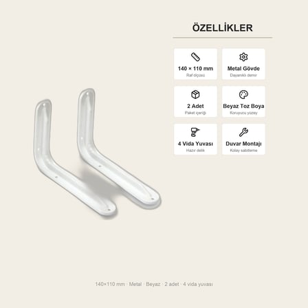 Upstyle Raf Ayağı Demir 140x110 mm Beyaz 2 Adet