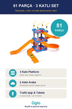 Oglo 3 Katlı Otopark Garaj Oyun Seti 42 Parça 2 Araba Rampalı