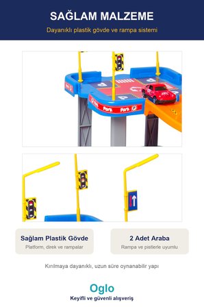 Oglo 3 Katlı Otopark Garaj Oyun Seti 42 Parça 2 Araba Rampalı