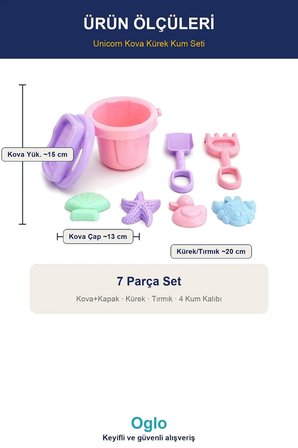 Unicorn Figürlü Kova Kürek Seti — 7 Parça Plaj Kum Oyuncağı, Kalıplı Deniz Kumu Seti 3+ Yaş