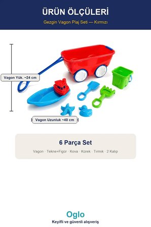 Gezgin Vagon Plaj Seti — Çekilebilir Kum Oyuncağı, Tekne+Kova+Kürek 6 Parça Set 3+ Yaş