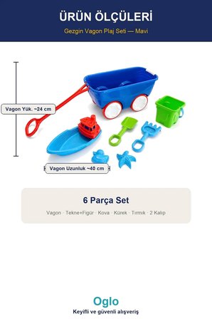 Gezgin Vagon Plaj Seti — Çekilebilir Kum Oyuncağı, Tekne+Kova+Kürek 6 Parça Set 3+ Yaş