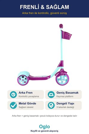 Çocuk Scooter 3 Tekerlekli Frenli Sepetli — Dengeli İlk Scooter, Ayarlanabilir Gidon 3+ Yaş