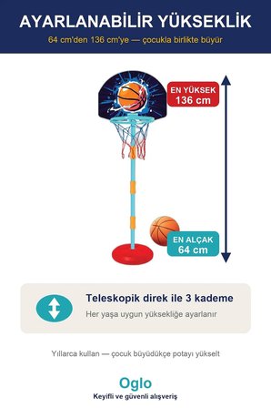 Basketbol Potası Seti Top Dahil — Yükseklik Ayarlı Ayaklı Çocuk Oyuncak Basket Potası, Ev Bahçe 3+ Y
