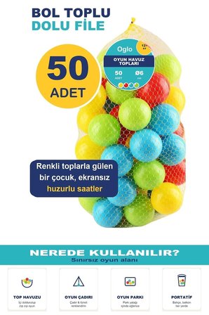 Oyun Havuz Topu 6 cm 50 Adet — Top Havuzu İçin Yumuşak Renkli Toplar, Filede 1+ Yaş