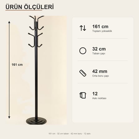 Upstyle Viona 12 Askılı Metal Ayaklı Portmanto Siyah 161 cm