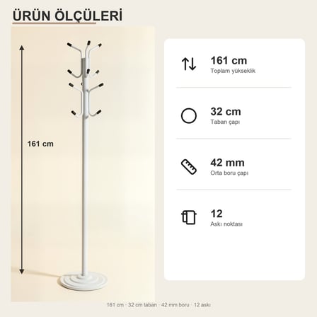 Upstyle Viona 12 Askılı Metal Ayaklı Portmanto Beyaz 161 cm
