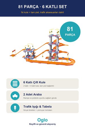 Oglo 6 Katlı Otopark Garaj Yarış Pisti Seti 81 Parça 2 Araba Çift Kule