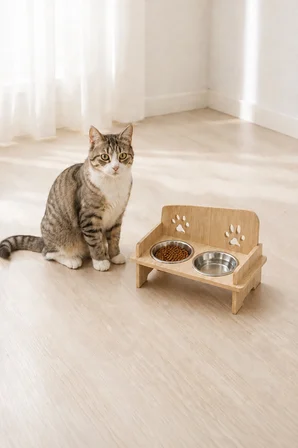 Ahşap Kedi Köpek Mama Su Kabı Standı, Metal Suluk, Kedi Köpek Halısı