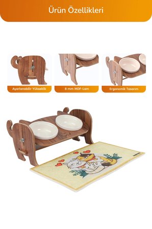 Ahşap Kediler İçin Ayarlanabilir Mama Ve Su Kabı Paspas Hediyeli