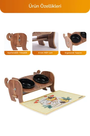 Ahşap Kediler İçin Ayarlanabilir Mama Ve Su Kabı Paspas Hediyeli