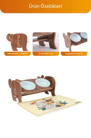 Ahşap Kediler İçin Ayarlanabilir Mama Ve Su Kabı Paspas Hediyeli
