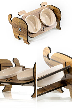 Ahşap Köpek Mama Seramik Su Kabı Standı,Köpekli Mama Kabı, Hediye Kedi- Köpek Halısı