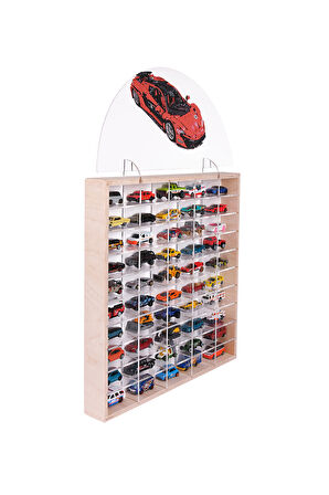 50'Lİ Ahşap Oyuncak Araba Rafı, Duvara Asılabilen Pleksi Raflı Hobi Araba Düzenleyici 50x6x51