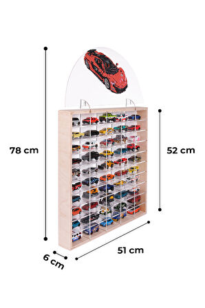 50'Lİ Ahşap Oyuncak Araba Rafı, Duvara Asılabilen Pleksi Raflı Hobi Araba Düzenleyici 50x6x51