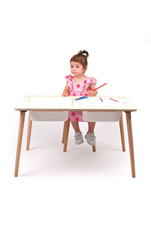 Montessori Çocuk Ahşap Oyun Etkinlik Çalışma Masası Seti, Sandalyeli Ve 2 Saklama Alanlı