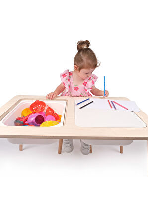 Montessori Çocuk Ahşap Oyun Etkinlik Çalışma Masası Seti, Sandalyeli Ve 2 Saklama Alanlı