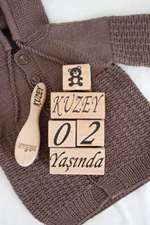 İsime Özel Ahşap Anne-Bebek Anı Küpü Ve Doğal Keçi Kılı Bebek Tarağı