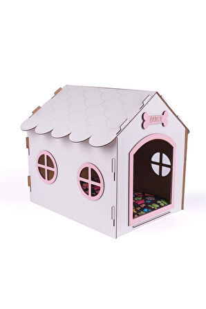 Ahşap Dekoratif Köpek Evi-Kulübesi, Küçük Irk Köpekler İçin Kulübe, Köpek Kulübesi Beyaz-Pembe