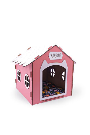 Ahşap Özel İsim Baskılı Dekoratif Kedi Evi-Kulübesi, Kediler İçin Kulübe, Kedi Kulübesi Pembe 