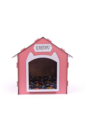 Ahşap Özel İsim Baskılı Dekoratif Kedi Evi-Kulübesi, Kediler İçin Kulübe, Kedi Kulübesi Pembe 