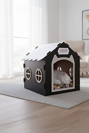 Ahşap Özel İsim Baskılı Dekoratif Kedi Evi-Kulübesi, Kediler İçin Kulübe, Kedi Kulübesi Siyah 