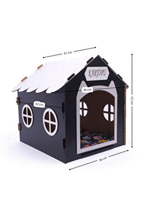 Ahşap Özel İsim Baskılı Dekoratif Kedi Evi-Kulübesi, Kediler İçin Kulübe, Kedi Kulübesi Siyah 