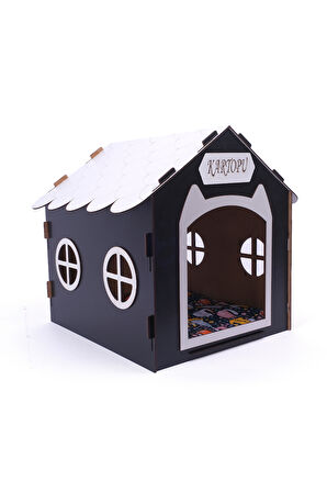 Ahşap Özel İsim Baskılı Dekoratif Kedi Evi-Kulübesi, Kediler İçin Kulübe, Kedi Kulübesi Siyah 