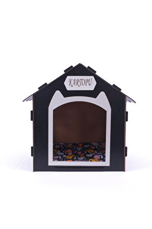 Ahşap Özel İsim Baskılı Dekoratif Kedi Evi-Kulübesi, Kediler İçin Kulübe, Kedi Kulübesi Siyah 