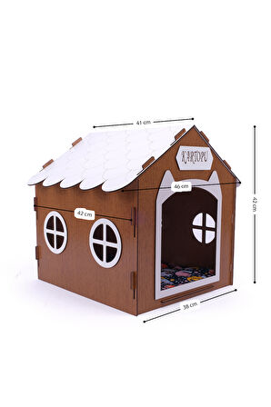 Ahşap Özel İsim Baskılı Dekoratif Kedi Evi-Kulübesi, Kediler İçin Kulübe, Kedi Kulübesi Ceviz