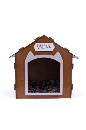 Ahşap Özel İsim Baskılı Dekoratif Kedi Evi-Kulübesi, Kediler İçin Kulübe, Kedi Kulübesi Ceviz