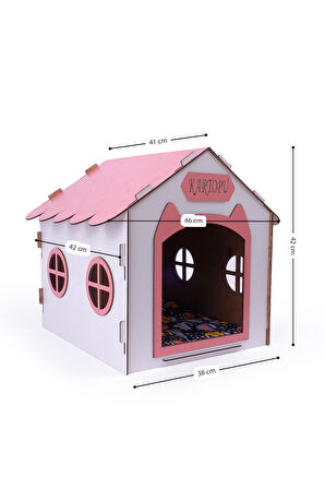 Ahşap Özel İsim Baskılı Dekoratif Kedi Evi-Kulübesi, Kediler İçin Kulübe, Kedi Kulübesi Beyaz-Pembe