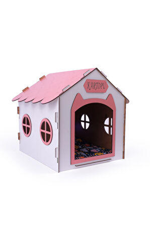Ahşap Özel İsim Baskılı Dekoratif Kedi Evi-Kulübesi, Kediler İçin Kulübe, Kedi Kulübesi Beyaz-Pembe