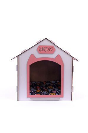 Ahşap Özel İsim Baskılı Dekoratif Kedi Evi-Kulübesi, Kediler İçin Kulübe, Kedi Kulübesi Beyaz-Pembe