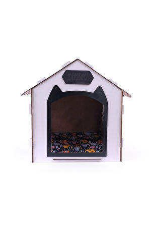 Ahşap Özel İsim Baskılı Dekoratif Kedi Evi-Kulübesi, Kediler İçin Kulübe, Kedi Kulübesi Beyaz-Siyah