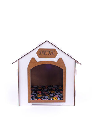 Ahşap Özel İsim Baskılı Dekoratif Kedi Evi-Kulübesi, Kediler İçin Kulübe, Kedi Kulübesi Beyaz-Ceviz